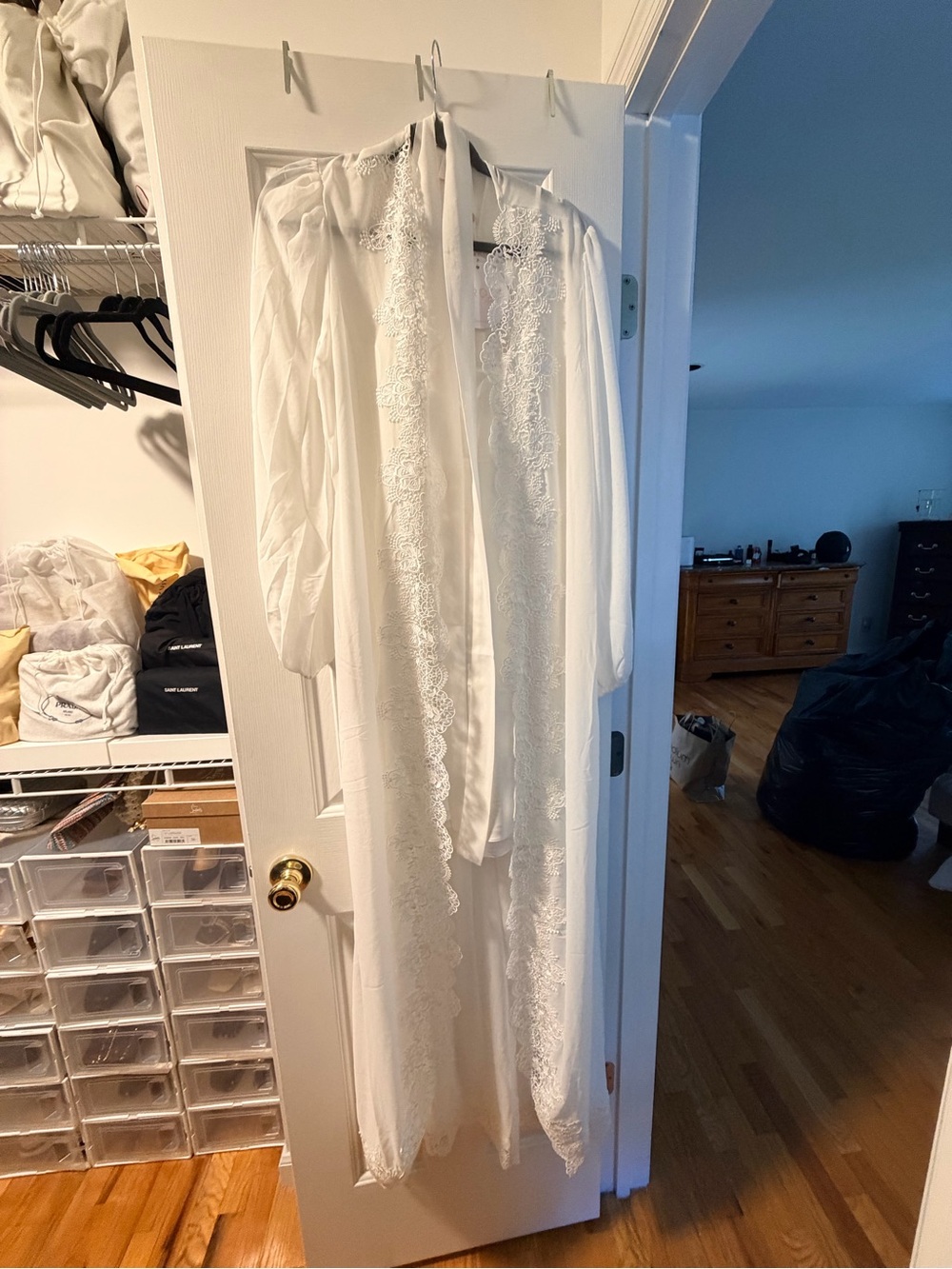 White Lace-Trim Long Bridal Robe